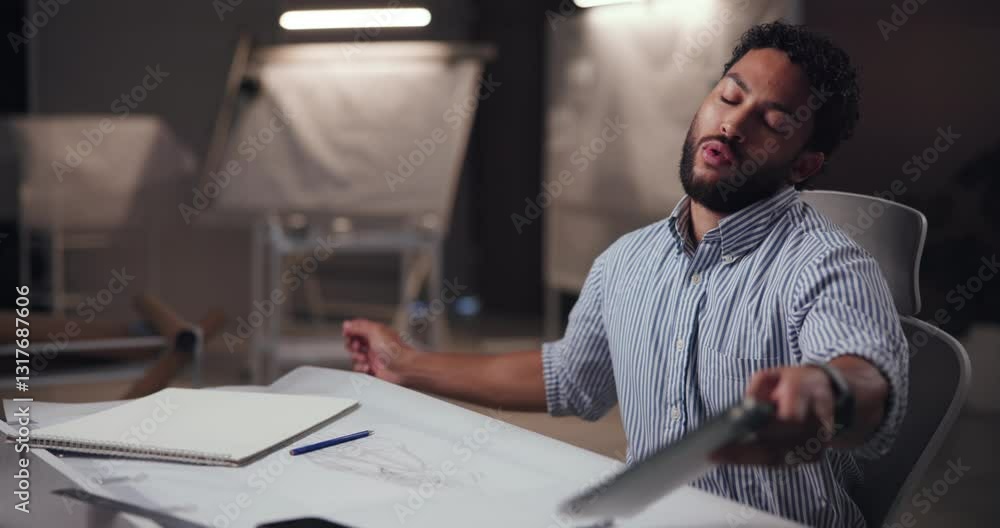 Poster drawing, tablet and man with design for car, vehicle and automobile prototype at night. creative des