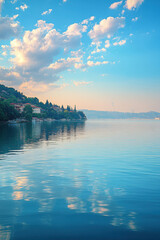 Calm lake water reflects the blue sky and clouds. Lush green hillside with houses above the water in a tranquil landscape scene.