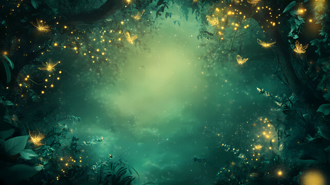 Mystical border of an enchanted forest with glowing fireflies, creating a magical backdrop for a midsummer night's dream sales ad, with space for text. Fluorescent Dreams. Illustration