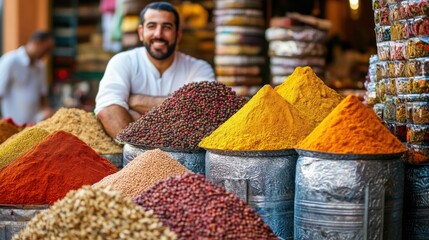 Obraz premium Market stall with spices. Vendor showing different colorful piles of seasoning. Variety of dry goods on sale. Authentic food ingredient choices.