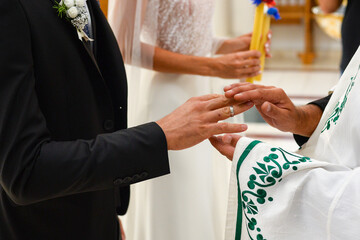 Orthodox Christian Church. A close-up shot of a priest marrying newlyweds with wedding rings.