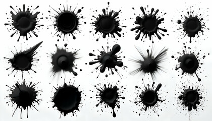 Collection of Black Ink Splatters and Drops on White Background