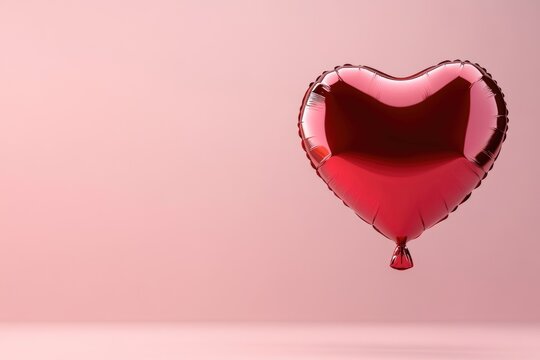 Shiny red heart shaped balloon floating on a pink background. 3d rendering