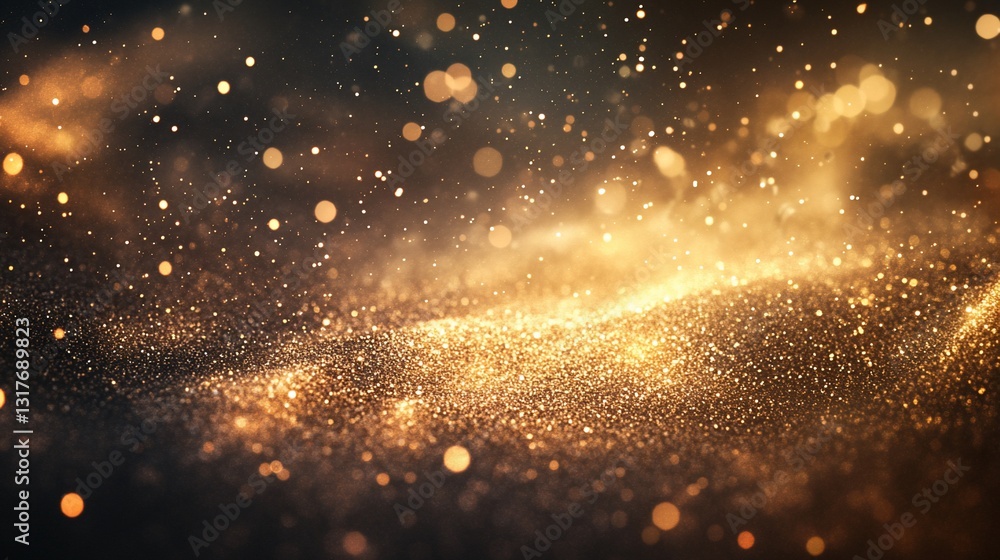 Poster golden glitter abstract background: sparkling festive texture with shimmering lights and bokeh effec