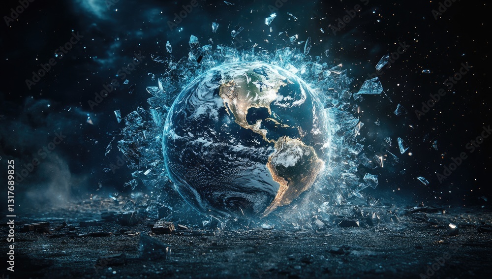 Poster digital representation of earth, composed of glowing particles, emerging from a dark background of s