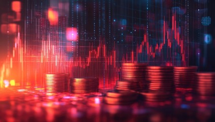 Abstract financial concept, stacks of coins against a backdrop of city lights and digital trading charts, vibrant red and orange tones, bokeh effect