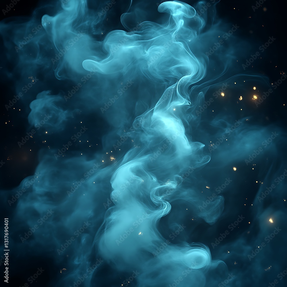 Poster abstract blue wisps and particles floating on a dark background