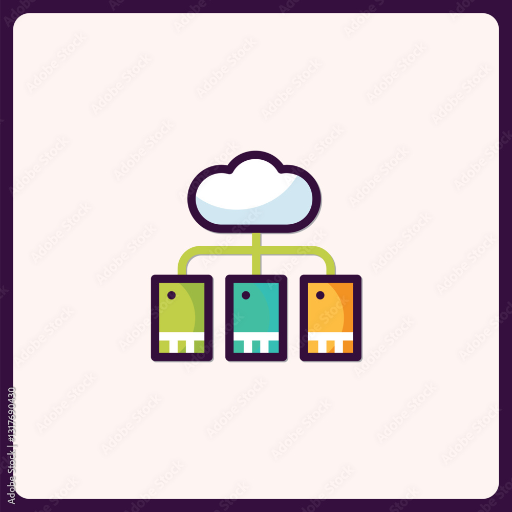 Poster cloud computing network illustration with connected servers and data flow