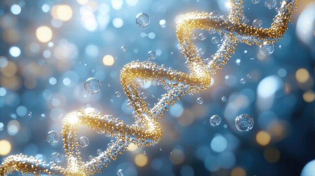 Abstract dna spiral graphic, golden beads, light blue background, bokeh