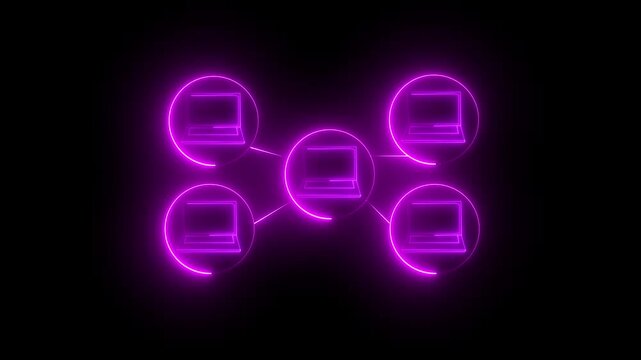 Neon glowing pink computer network icon animation in black background
