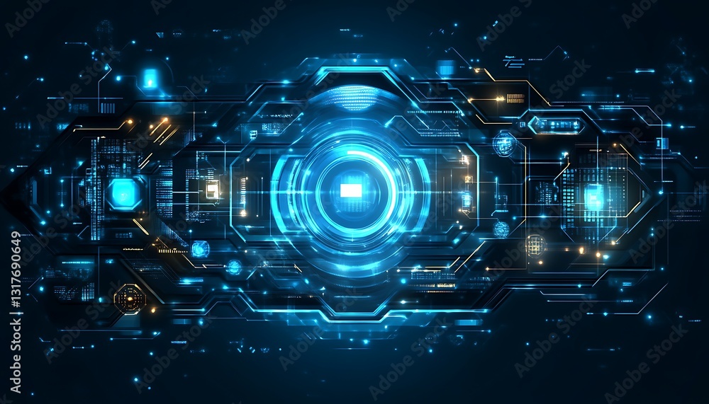 Poster abstract illustration of a digital interface with glowing lines and shapes