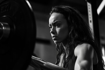 Determined sportswoman lifting weights during intense workout session in gym