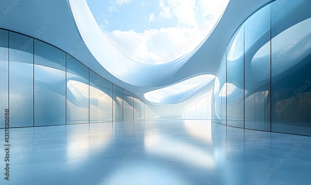 Poster futuristic architecture with glass windows and sky view reflecting on floor