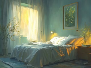 An inviting bedroom featuring natural light and peaceful elements