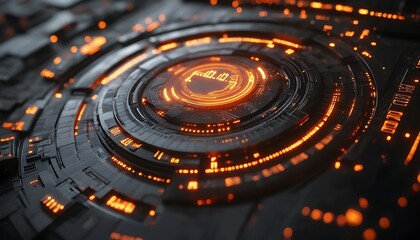 An illuminated digital circuit with concentric glowing orange rings