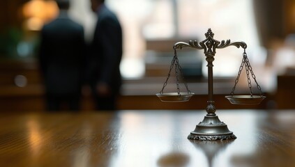 Close up of a delicate antique silver scale of justice on a wooden table, softly lit, with blurred figures of people in suits standing in the background, signifying legal proceedings or justice