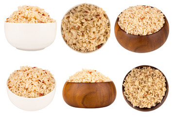 mixed red jasmine brown rice and barley bowl wood on white