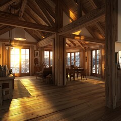 Fototapeta premium Rustic wooden interior with sunlight streaming in. Cozy, warm, and inviting