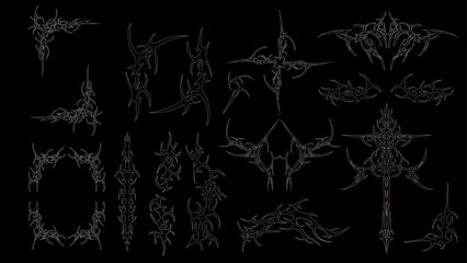 Cyber sigilism, neo tribal tattoo, cyber gothic streetwear elements designs