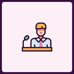 Stylized presentation icon depicting a speaker behind a podium emblem