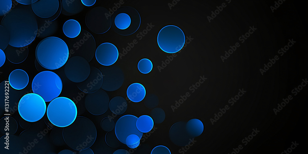 Poster abstract background of many blue circles on a black background. circles of different sizes and halft