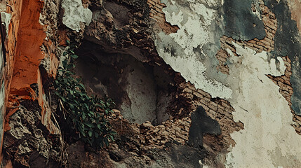 Fototapeta premium Weathered brick wall with plant growing through hole, urban decay background, architectural texture