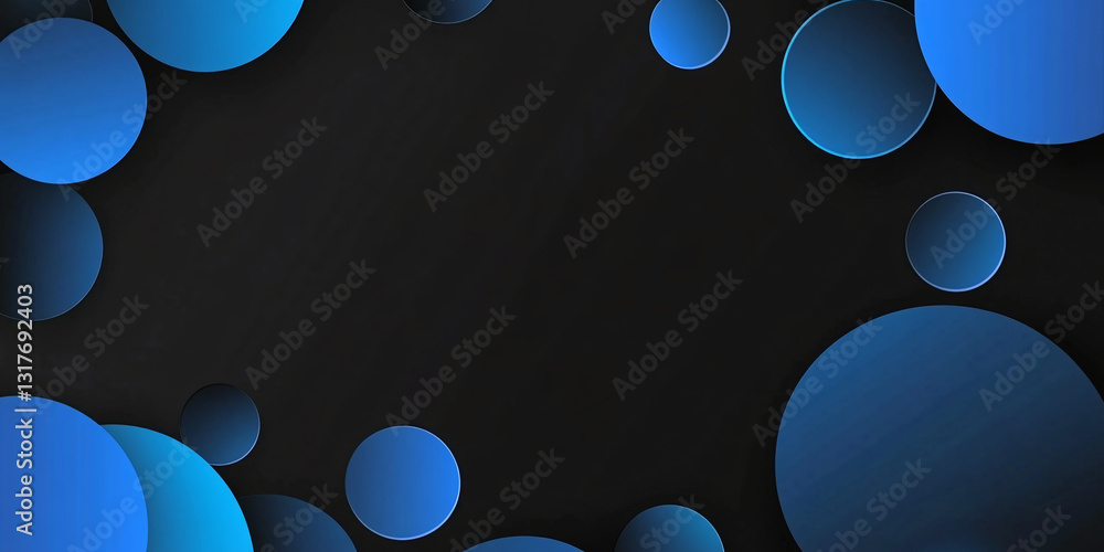 Poster abstract background of many blue circles on a black background. circles of different sizes and halft