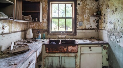 Rusted sink in abandoned house kitchen; decaying walls, overgrown yard