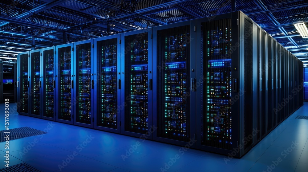 Aufkleber Advanced data center with illuminated server racks and a high-performance networking system. Ideal for technology, cybersecurity, cloud computing, and data management