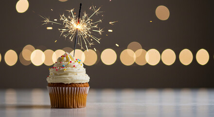 4k photography, studio lighting, high quality of Delicious cupcake with sparkler on white table against blurred lights