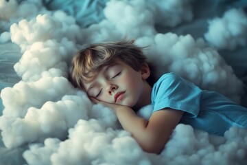Child sleeping peacefully in bed surrounded by fluffy clouds