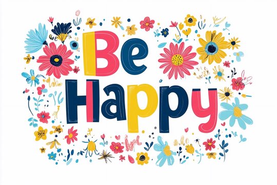 text "Be Happy", colorful lettering, clipart on white background with text JNC logo and words at bottom center . flowers, cartoonish cuteness with bold outlines, colorful lettering