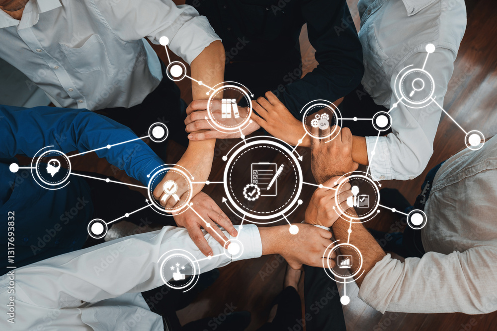 Poster a unique image showcasing diverse hands coming together in a professional environment, surrounded by