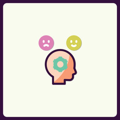 Emotional processing in the mind symbolized by head with cogwheel and emoticons