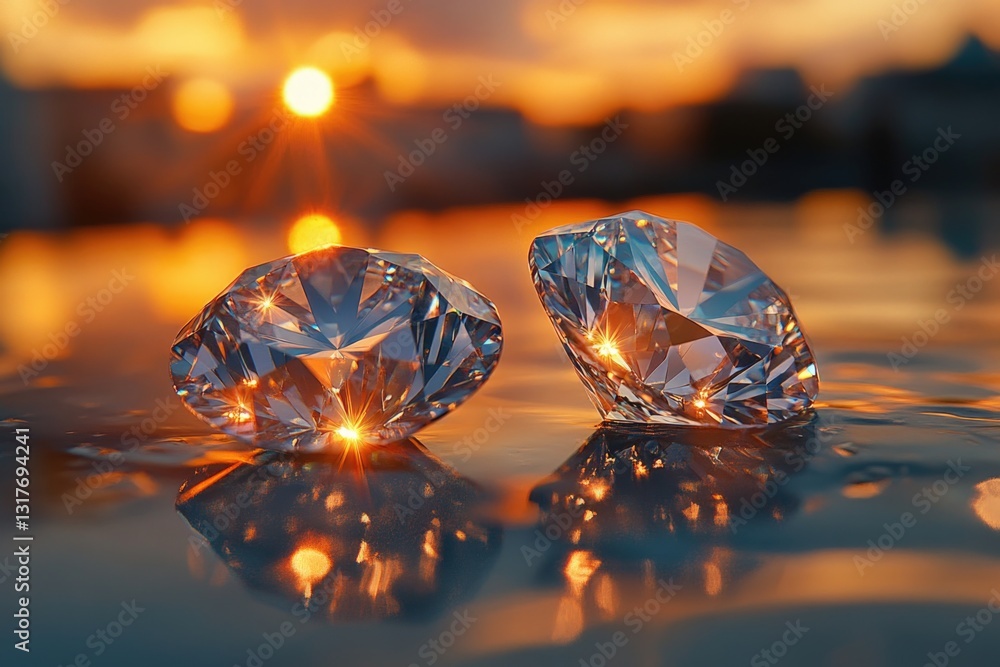 Poster sparkling diamonds on reflective surface close-up of sparkling diamonds placed on a reflective surfa