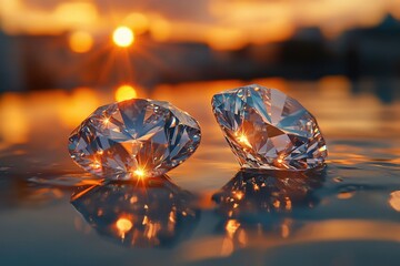 Fototapeta premium Sparkling Diamonds on Reflective Surface Close-up of sparkling diamonds placed on a reflective surface, showcasing their brilliance and clarity under soft lighting.