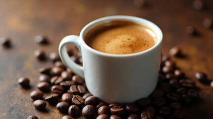 Fototapeta premium Freshly brewed espresso with a rich golden crema in a white ceramic cup, surrounded by aromatic roasted coffee beans on a rustic wooden table