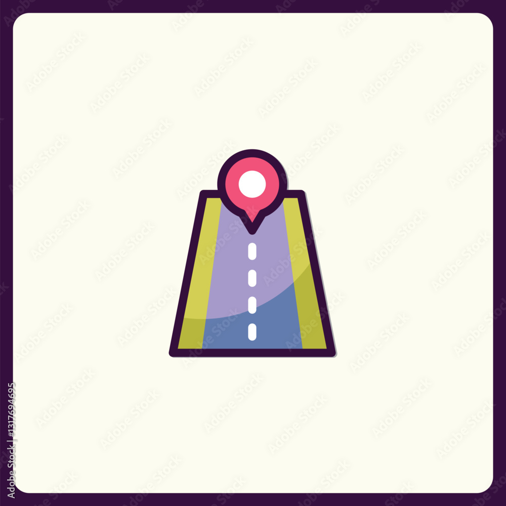 Poster stylized map pointer on cartoon road icon for web or application design