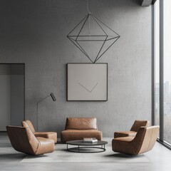Room with chairs, lamp, and art on a gray wall. Minimalist design