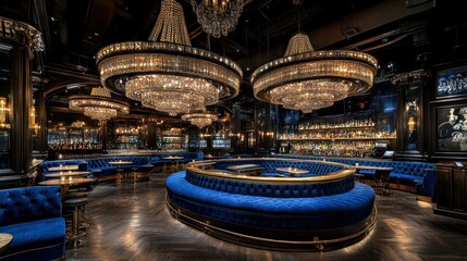 Luxurious Lounge Crystal Chandeliers, Velvet Seating, City Bar