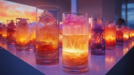 Vibrant display of illuminated cocktails in artistic glasses at a modern event venue