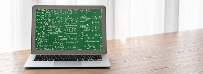 Mathematic equations and modish formula on computer screen showing concept of science and education