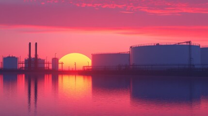 Obraz premium Vibrant sunset over industrial tanks and smokestacks reflecting on calm water
