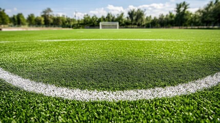 Close-up view of a vibrant green soccer field with a painted goal area and a clear blue sky in the background
