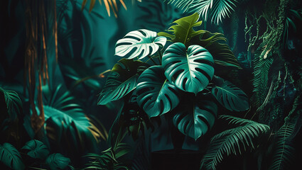 Fototapeta premium Monstera green leaves or Monstera Deliciosa in dark tones(Monstera, palm, rubber plant, pine, bird’s nest fern), background or green leafy tropical pine forest patterns for creative design elements. 