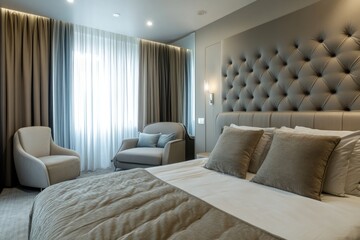 Stylish interior of bedroom with comfortable armchair, sofa and bed