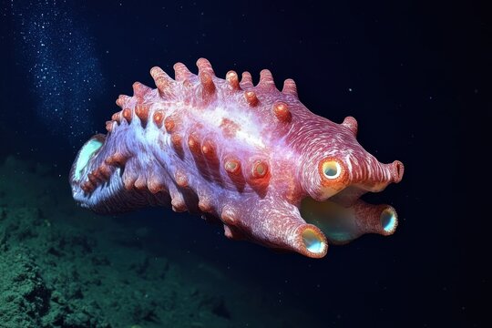 Swimming sea cucumber floating in dark ocean water