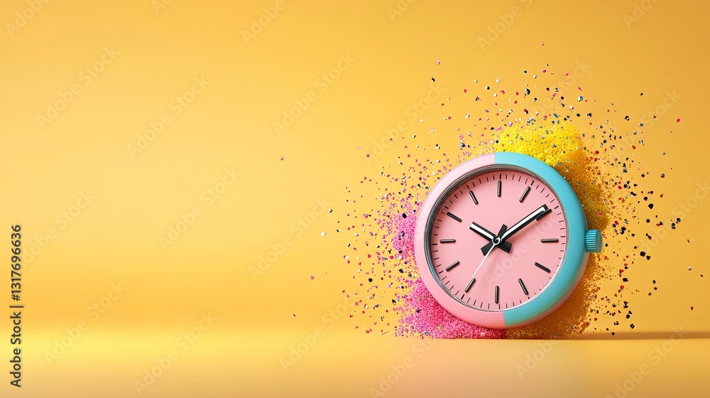 Poster pink and blue clock with colorful particles exploding around it against a yellow background.