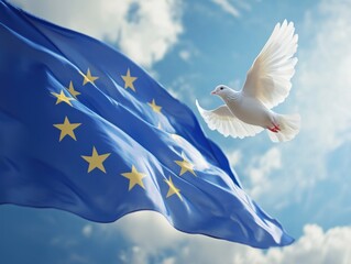 European Union Flag with White Dove of Peace Against Blue Sky