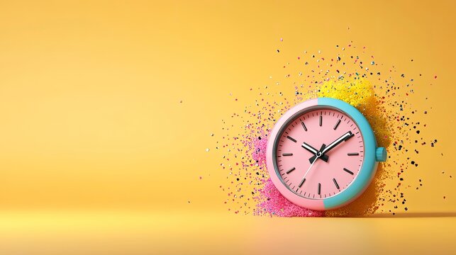 Pink and blue clock with colorful particles exploding around it against a yellow background.